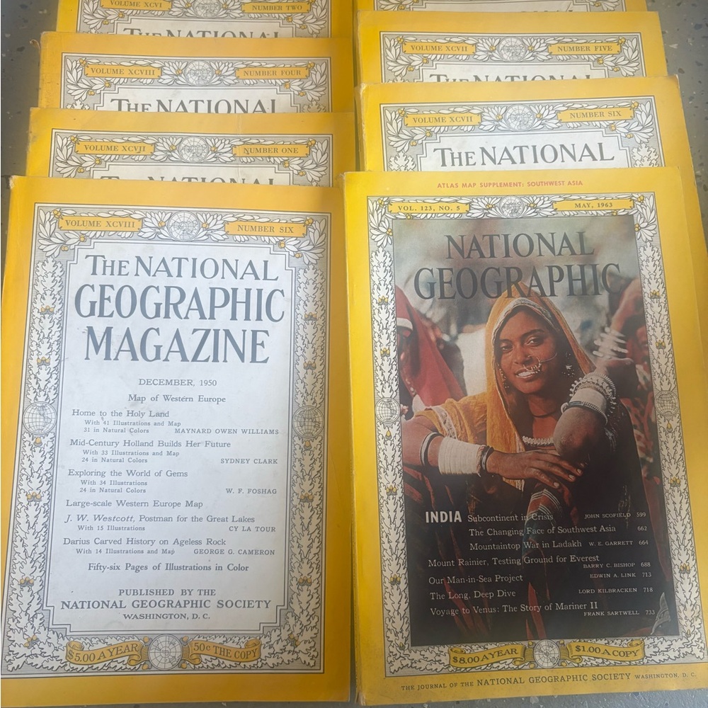 10 National Geographic Magazines - Yellow Border Covers 1940-1950